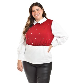 Foto 6 | Blusa Con Chaleco De Perlas Roman Fashion /tallas Extras, 5102 (blanco / Vino) Vino