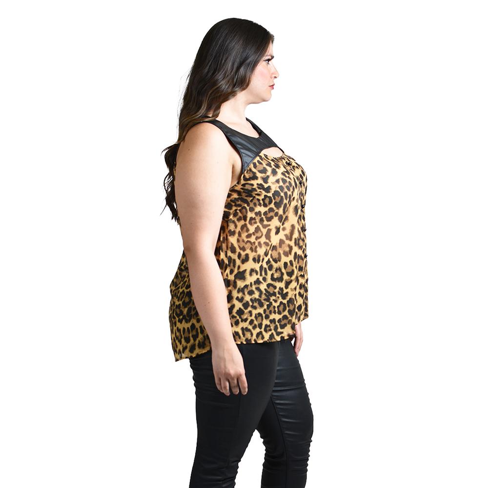 Foto 3 pulgar | Blusa Animal Print Con Vinipiel Roman Fashion /tallas Extras, 212 (anima Print) Cafe