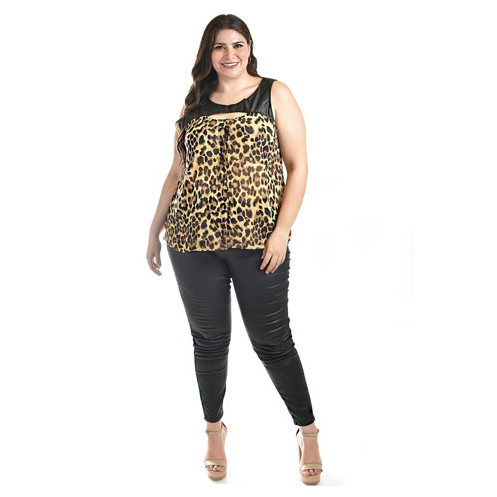 Foto 6 pulgar | Blusa Animal Print Con Vinipiel Roman Fashion /tallas Extras, 212 (anima Print) Cafe
