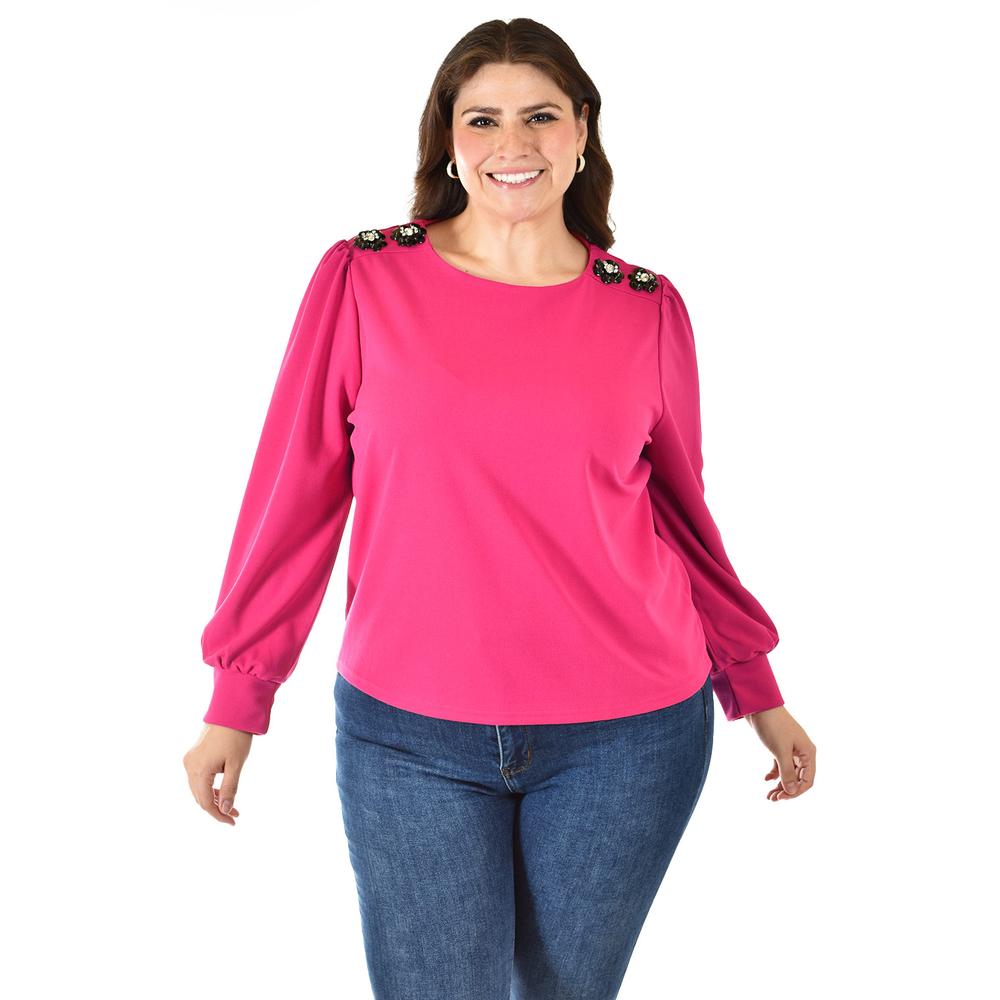 Foto 2 pulgar | Blusa con Flor en Hombro Roman Fashion 5106 Fucsia para Mujer