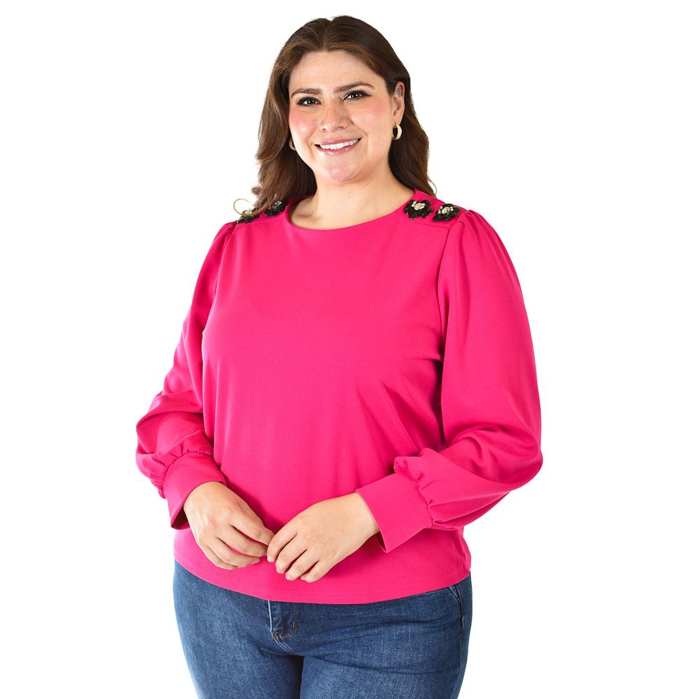 Foto 6 pulgar | Blusa con Flor en Hombro Roman Fashion 5106 Fucsia para Mujer