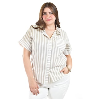 Foto 3 | Blusa De Algodon A Rayas Roman Fashion /tallas Extras, 5114 (beige) Beige