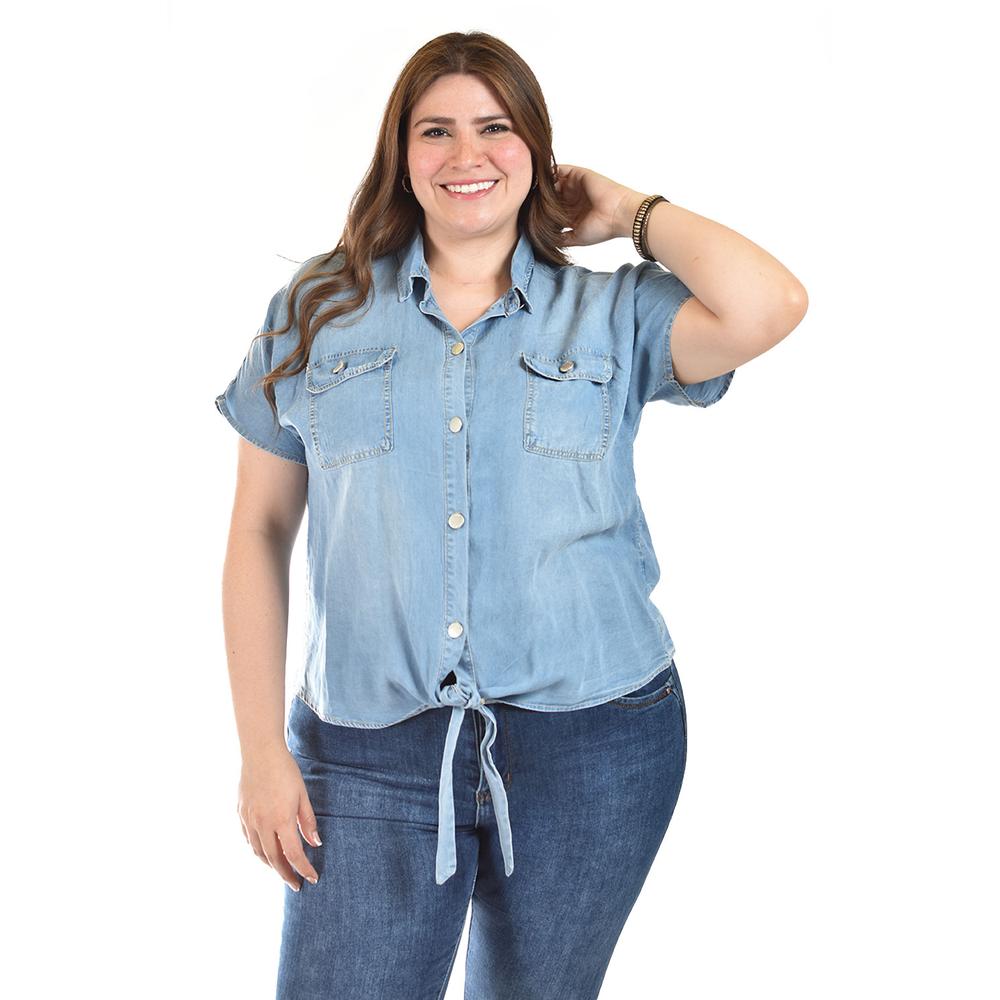Blusa De Mezclilla Con Nudo Roman Fashion /tallas Extras, 5116 (mezclilla Light) Multicolor
