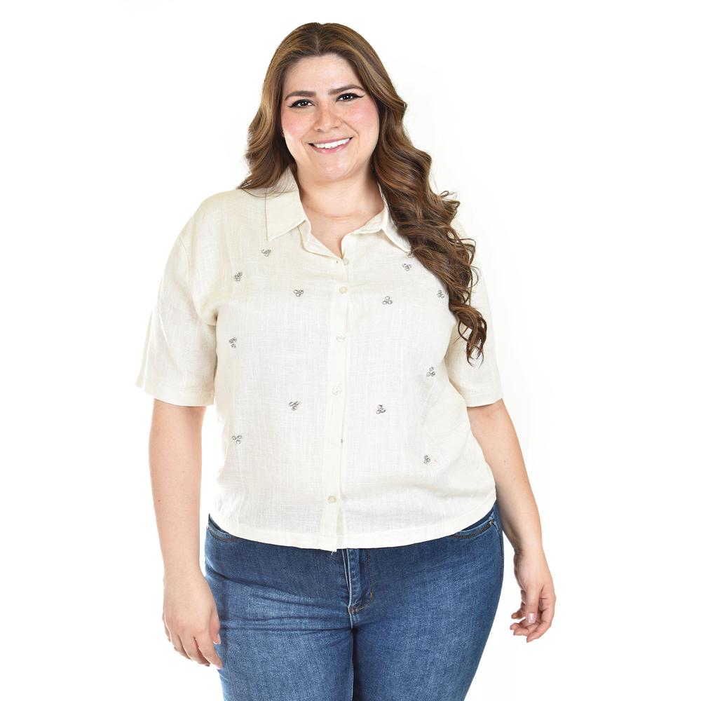 Blusa de Lino con Pedrería Roman Fashion Tallas Extras Beige