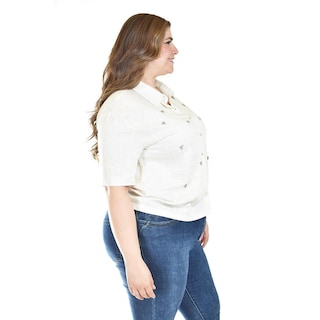 Foto 2 | Blusa de Lino con Pedrería Roman Fashion Tallas Extras Beige