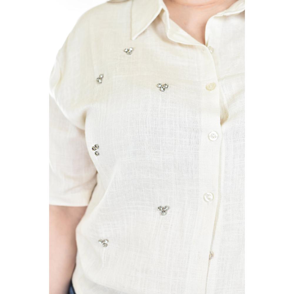 Foto 5 pulgar | Blusa de Lino con Pedrería Roman Fashion Tallas Extras Beige