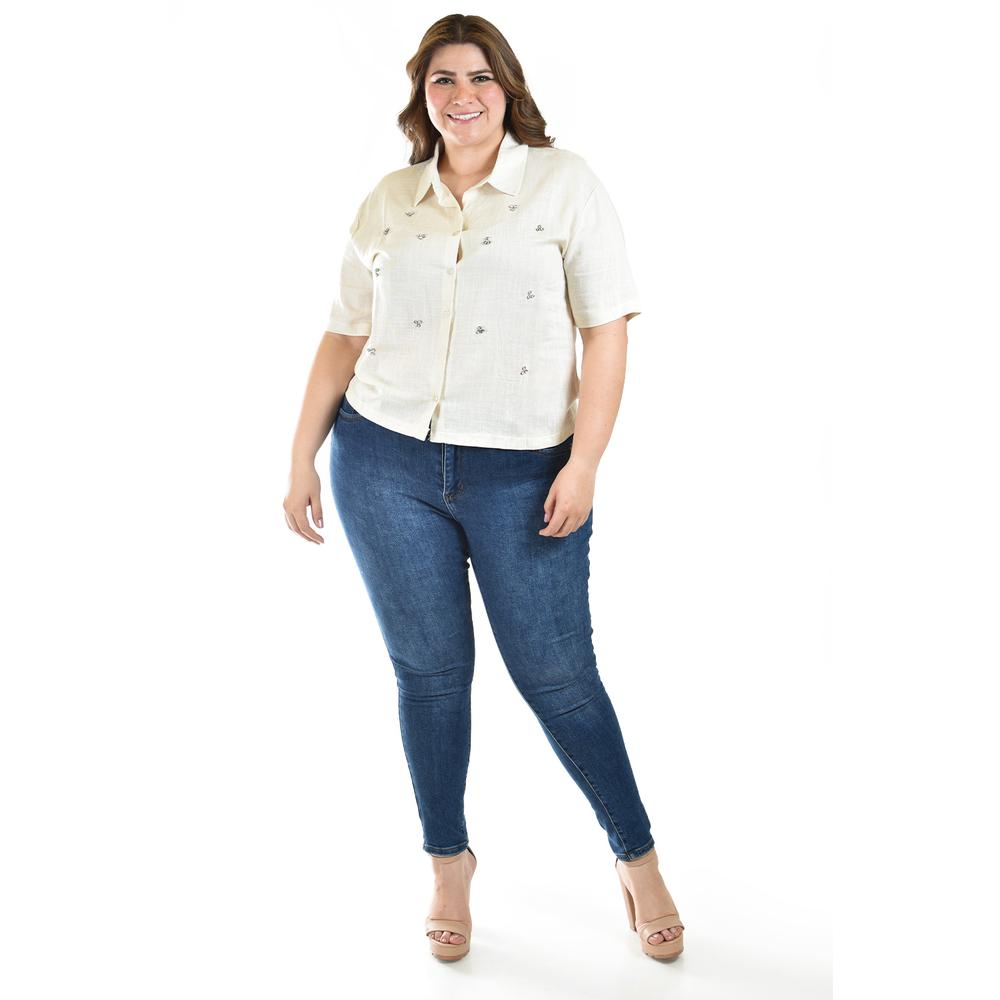 Foto 6 pulgar | Blusa de Lino con Pedrería Roman Fashion Tallas Extras Beige