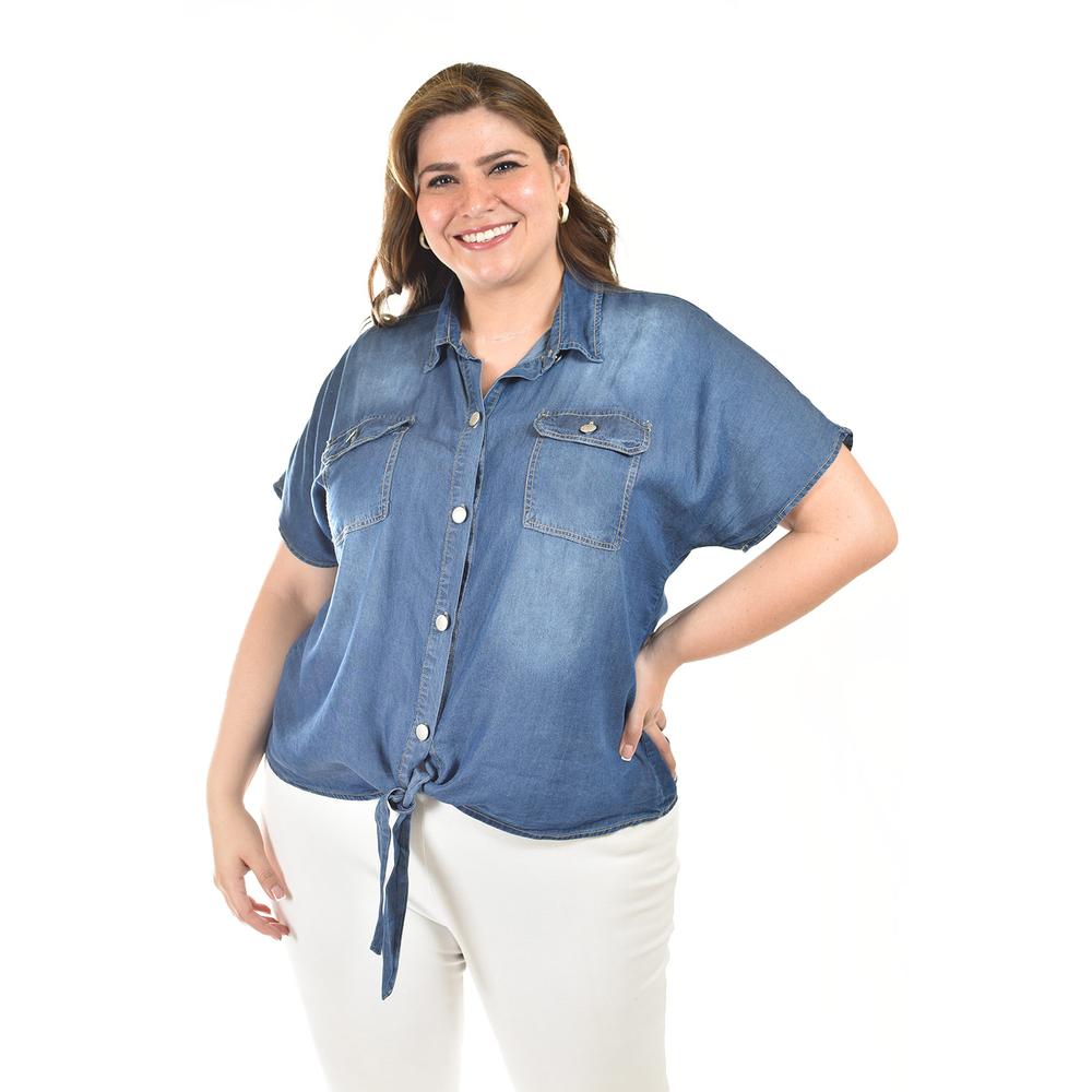 Blusa De Mezclilla Con Nudo Roman Fashion /tallas Extras, 5116 (mezclilla Dark) Azul