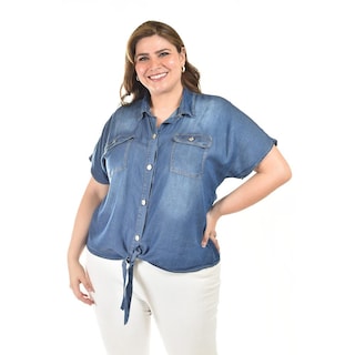 Foto 1 | Blusa De Mezclilla Con Nudo Roman Fashion /tallas Extras, 5116 (mezclilla Dark) Azul
