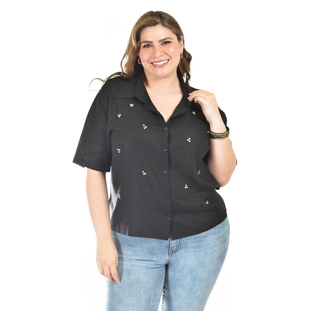 Blusa De Lino Con Pedrería Roman Fashion /tallas Extras, 5110 (negro) Negro