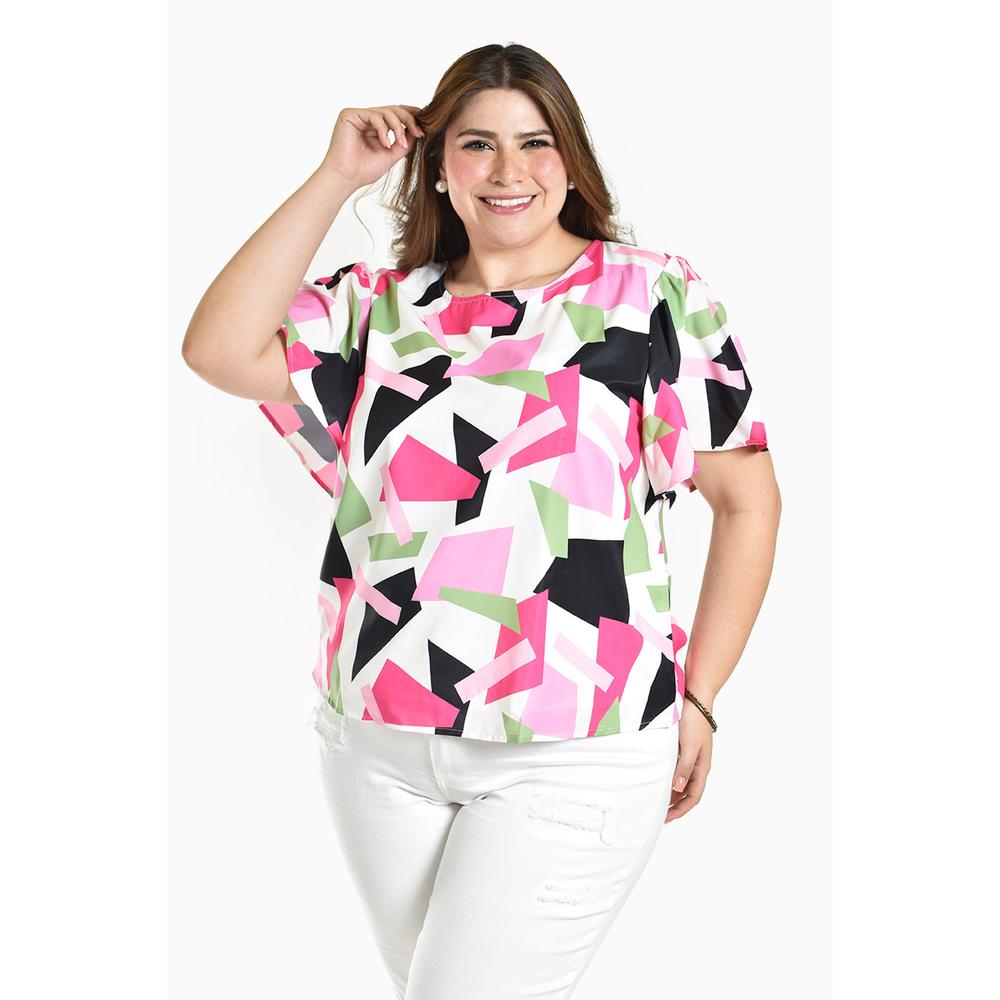 Blusa Estampada De Manga Corta Roman Fashion, Tallas Extras, 5118 (abstracto Rosa) Rosa