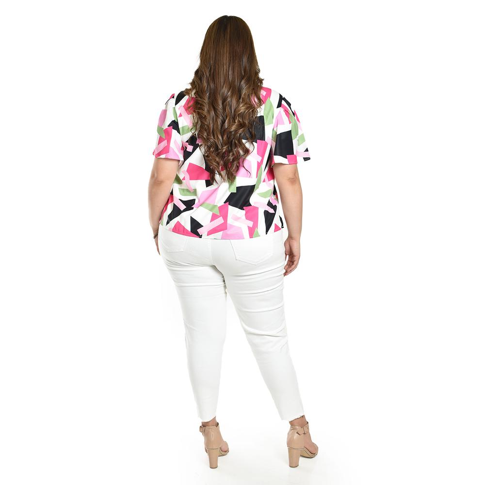 Foto 4 pulgar | Blusa Estampada De Manga Corta Roman Fashion, Tallas Extras, 5118 (abstracto Rosa) Rosa