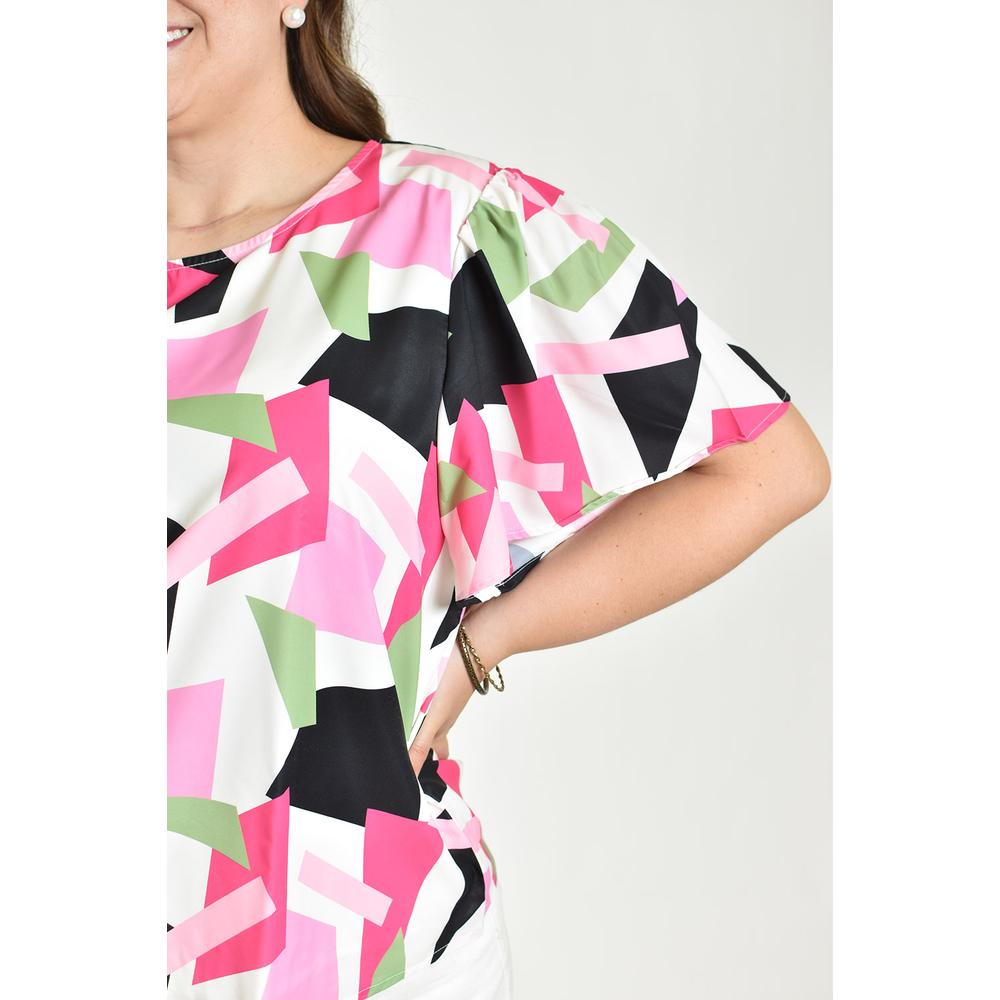 Foto 5 pulgar | Blusa Estampada De Manga Corta Roman Fashion, Tallas Extras, 5118 (abstracto Rosa) Rosa