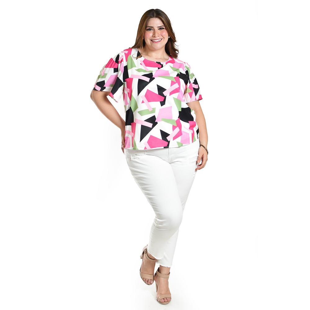Foto 5 | Blusa Estampada De Manga Corta Roman Fashion, Tallas Extras, 5118 (abstracto Rosa) Rosa