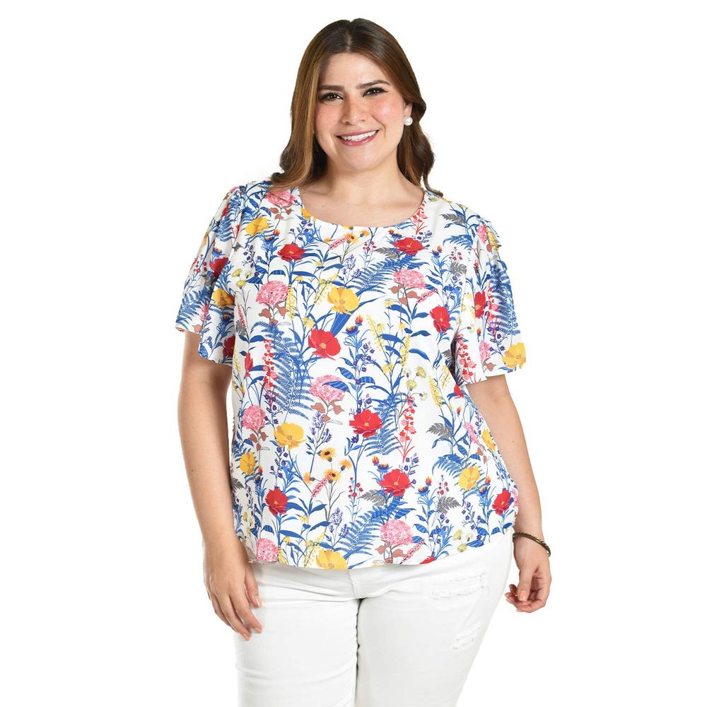 Blusa Estampada De Manga Corta Roman Fashion, Tallas Extras, 5118 (flor Azul) Azul