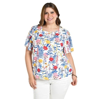 Foto 1 | Blusa Estampada De Manga Corta Roman Fashion, Tallas Extras, 5118 (flor Azul) Azul