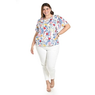Foto 5 | Blusa Estampada De Manga Corta Roman Fashion, Tallas Extras, 5118 (flor Azul) Azul