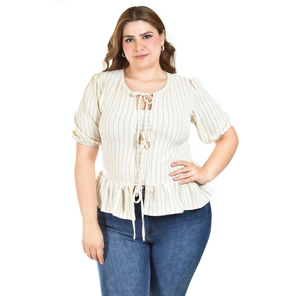 Blusa Con Detalle De Lazos Roman Fashion /tallas Extras, 1889 (arena Lineas) Beige