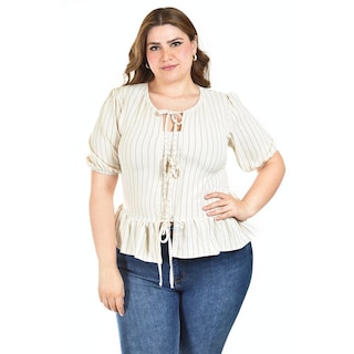 Foto 1 | Blusa Con Detalle De Lazos Roman Fashion /tallas Extras, 1889 (arena Lineas) Beige