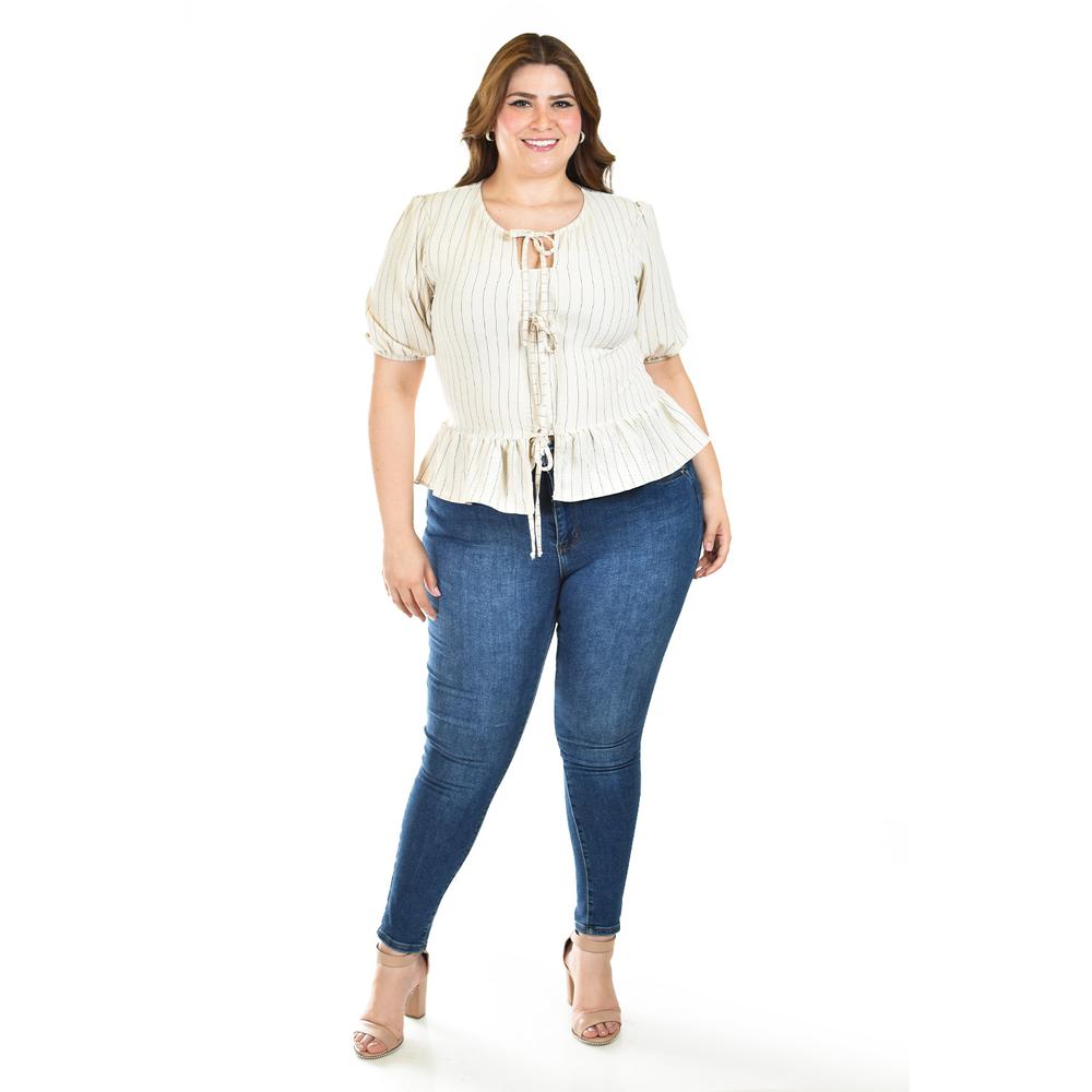 Foto 6 pulgar | Blusa Con Detalle De Lazos Roman Fashion /tallas Extras, 1889 (arena Lineas) Beige