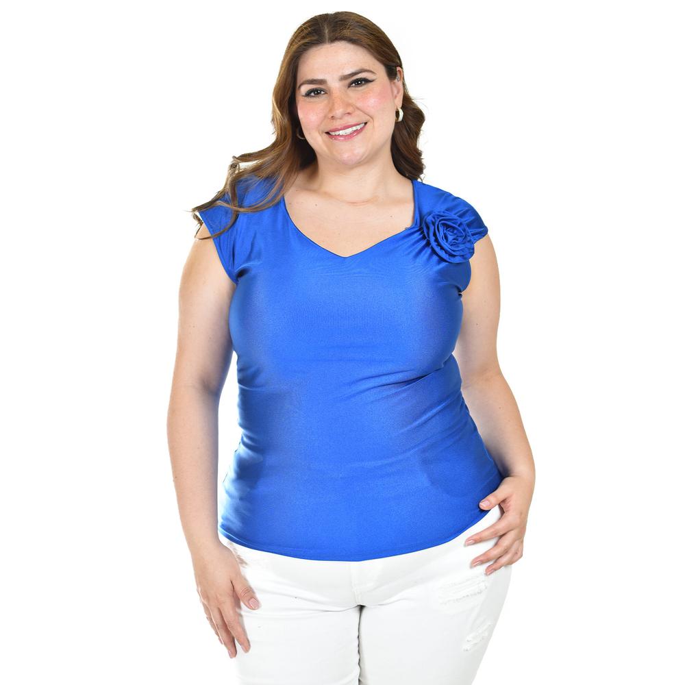 Blusa Satinada Con Flor Roman Fashion/tallas Extras, 1901 (azul Rey) Azul