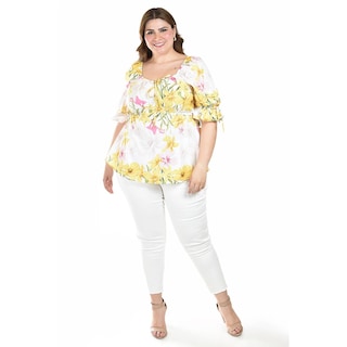Foto 5 | Blusa Floreada De Chiffon Roman Fashion /tallas Extras, 1826 (amarillo Flores) Amarillo