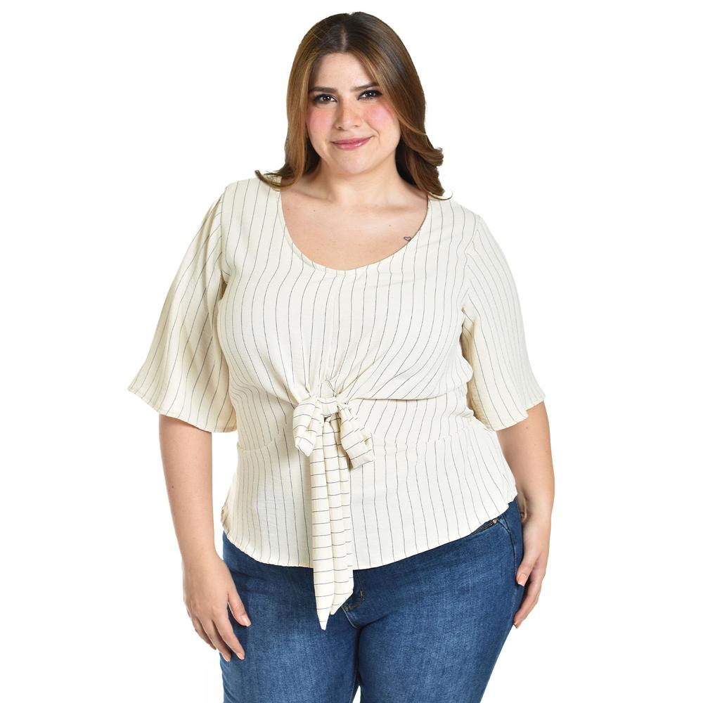 Blusa Con Moño Roman Fashion / Tallas Extras, 1832 (arena Líneas) Beige