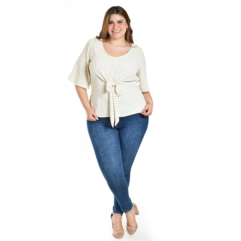 Foto 6 pulgar | Blusa Con Moño Roman Fashion / Tallas Extras, 1832 (arena Líneas) Beige