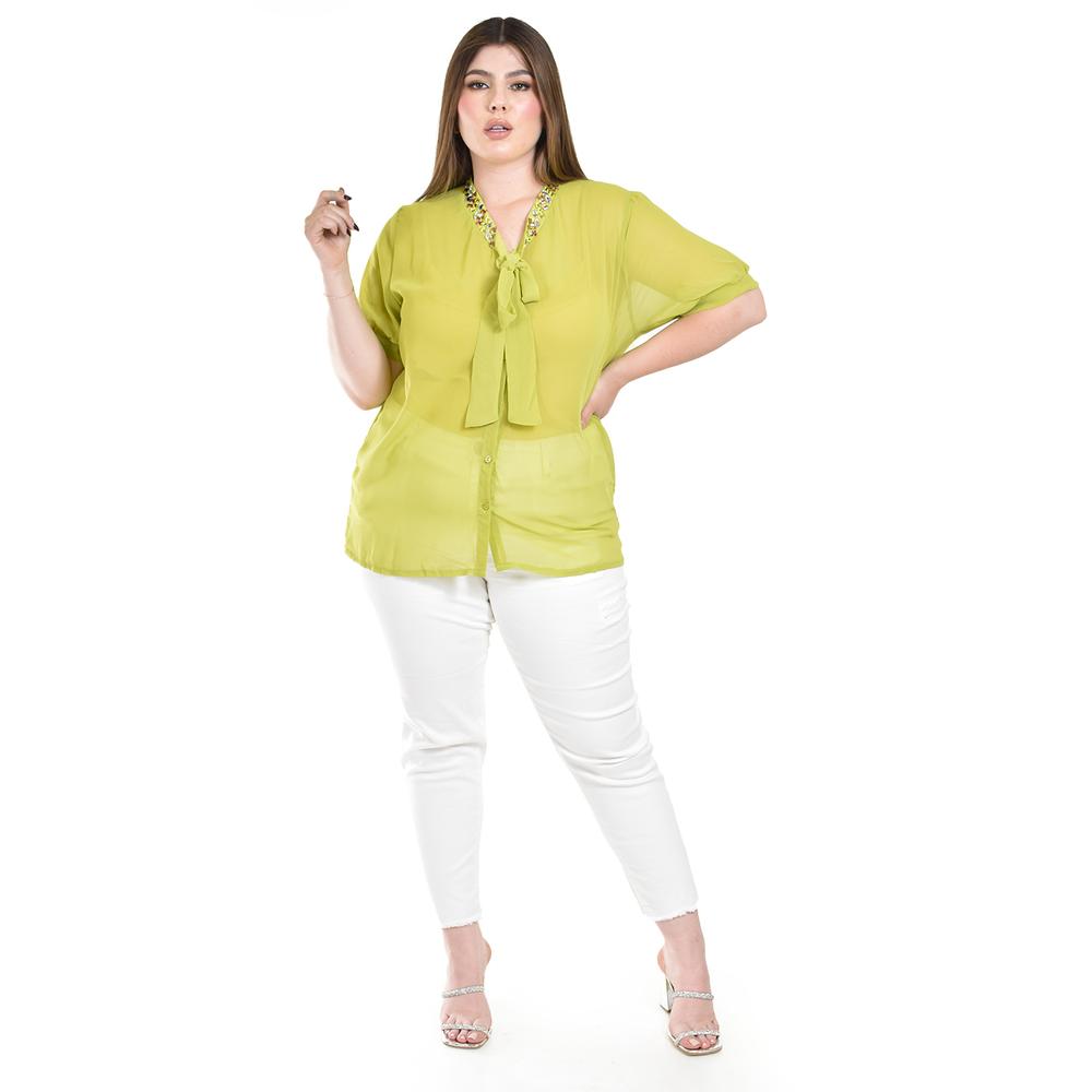 Foto 5 pulgar | Blusa Con Detalle De Moño Y Pedrería Roman Fashion /tallas Extras, 8050 (lima) Verde Lima