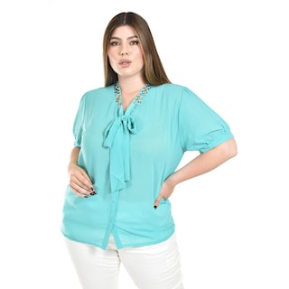 Foto 1 | Blusa Con Detalle De Moño Y Pedrería Roman Fashion /tallas Extras, 8050 (menta) Azul