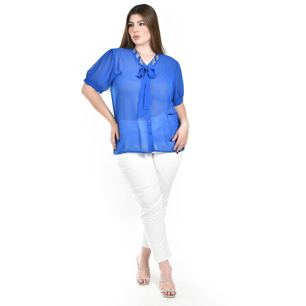 Blusa Con Detalle De Moño Y Pedrería Roman Fashion /tallas Extras, 8050 (azul Rey) Azul