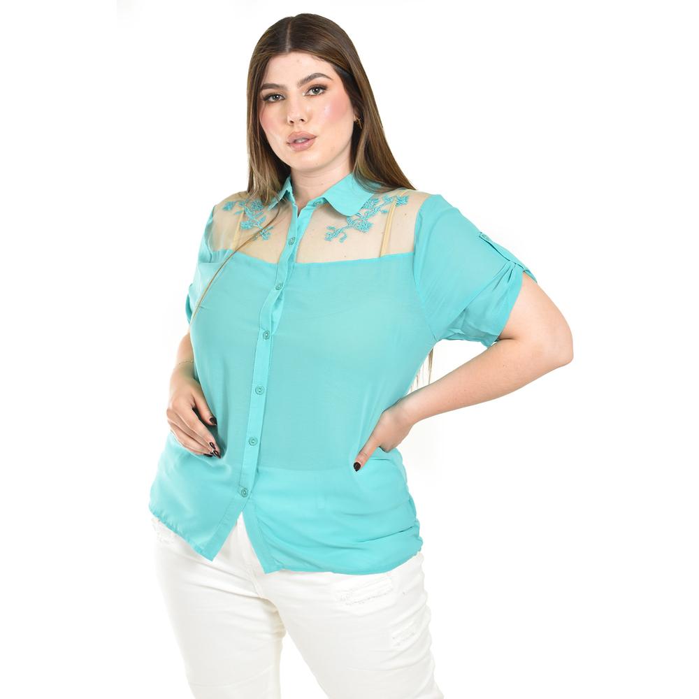 Blusa Con Trasparencias Y Bordado Roman Fashion /tallas Extras, 8039 (menta) Verde Claro