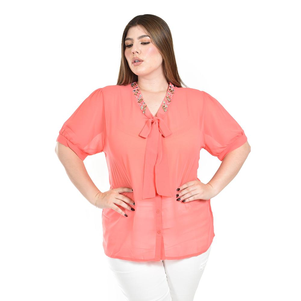 Blusa Con Detalle De Moño Y Pedrería Roman Fashion /tallas Extras, 8050 (coral) Coral