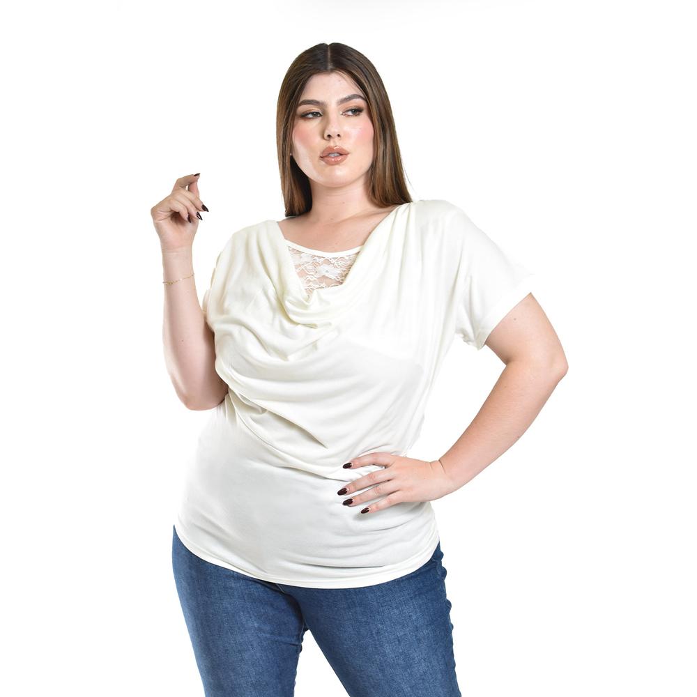 Blusa Con Encaje Y Escote Drapeado Roman Fashion /tallas Extras, 8046 (blanco) Blanco