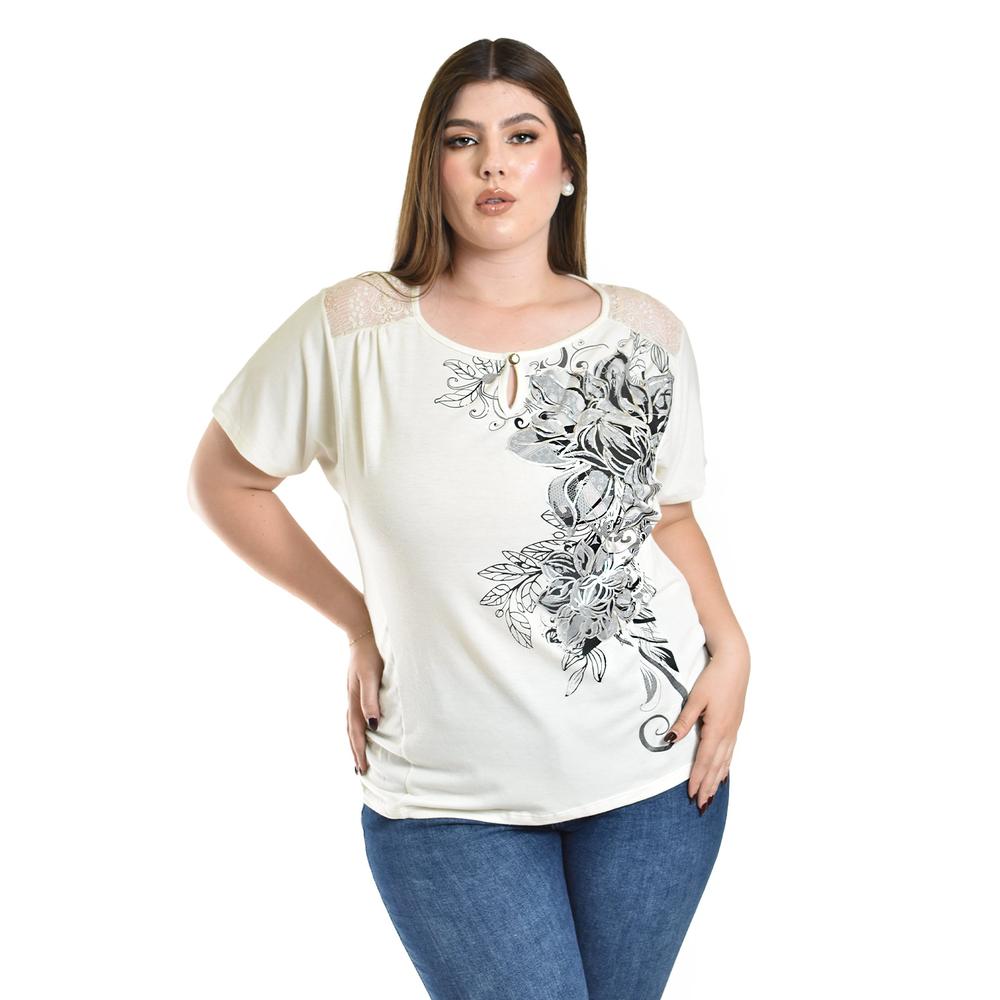 Blusa Estampado Flores Metalicas Roman Fashion/tallas Extras, 8045 (blanco) Blanco