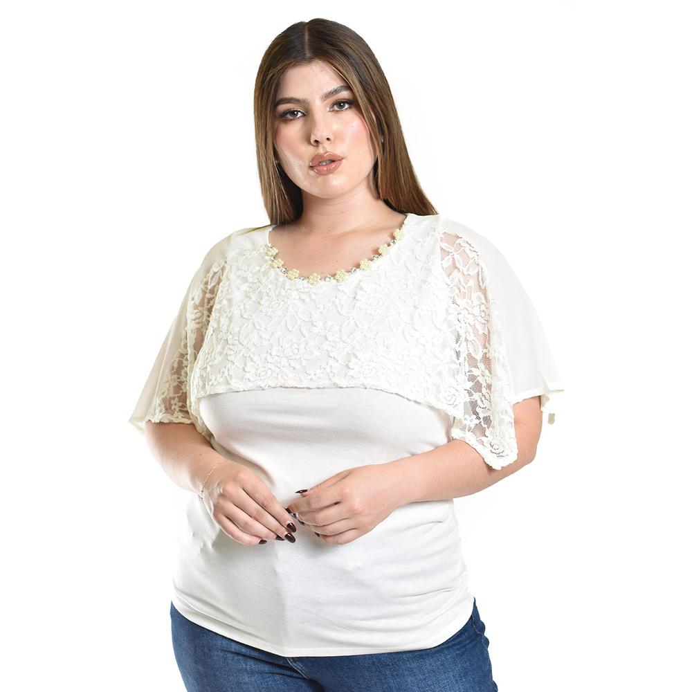 Foto 2 pulgar | Blusa Con Encaje Y Detalle De Perlas Roman Fashion /tallas Extras, 086 (blanco) Blanco