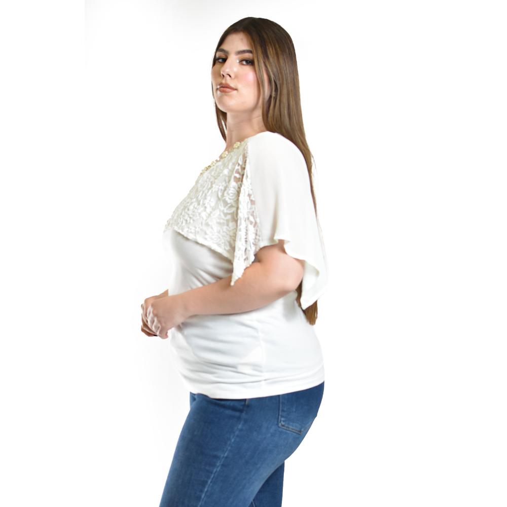 Foto 3 pulgar | Blusa Con Encaje Y Detalle De Perlas Roman Fashion /tallas Extras, 086 (blanco) Blanco