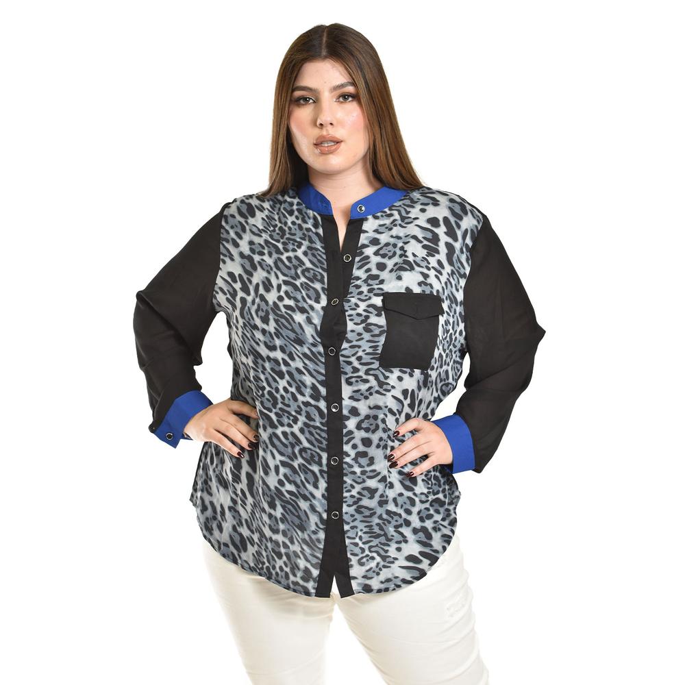 Blusa Animal Print Con Contraste Roman Fashion /tallas Extras, 120 (azul Print) Negro