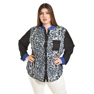 Foto 1 | Blusa Animal Print Con Contraste Roman Fashion /tallas Extras, 120 (azul Print) Negro