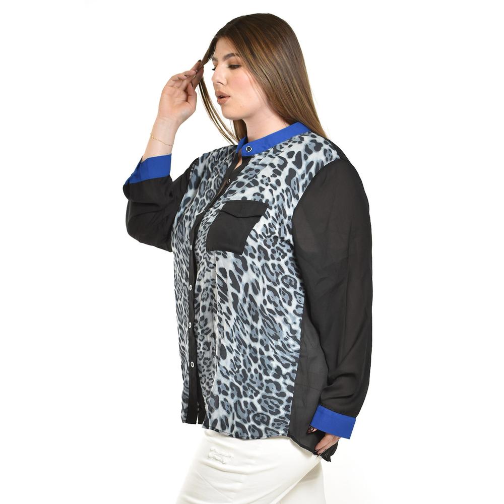Foto 3 pulgar | Blusa Animal Print Con Contraste Roman Fashion /tallas Extras, 120 (azul Print) Negro