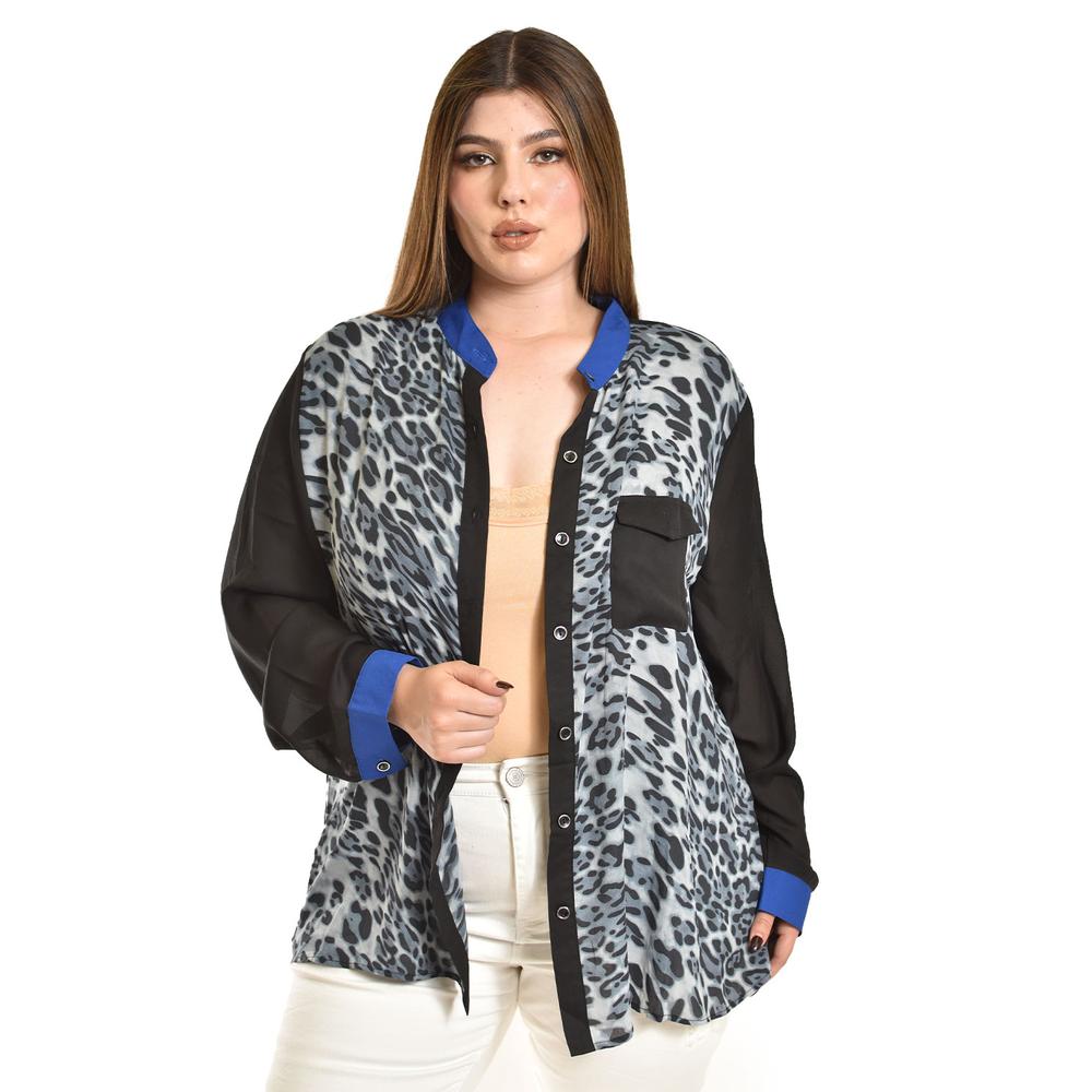 Foto 5 pulgar | Blusa Animal Print Con Contraste Roman Fashion /tallas Extras, 120 (azul Print) Negro