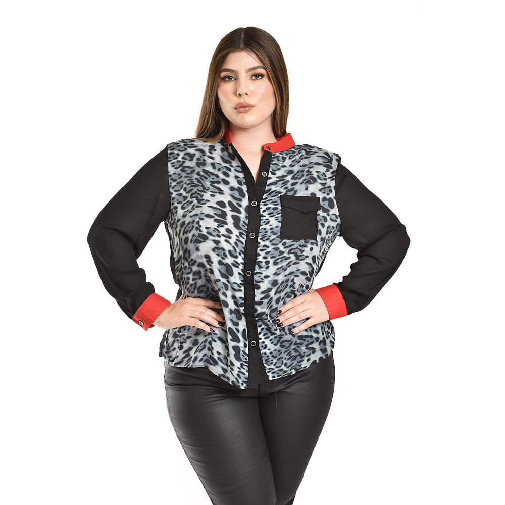 Blusa Animal Print Con Contraste Roman Fashion /tallas Extras, 120 (rojo Print) Negro