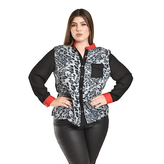 Foto 1 | Blusa Animal Print Con Contraste Roman Fashion /tallas Extras, 120 (rojo Print) Negro