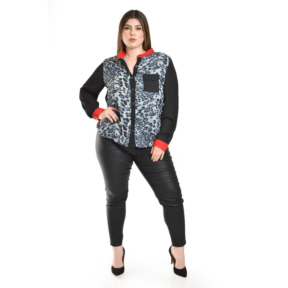 Foto 5 pulgar | Blusa Animal Print Con Contraste Roman Fashion /tallas Extras, 120 (rojo Print) Negro