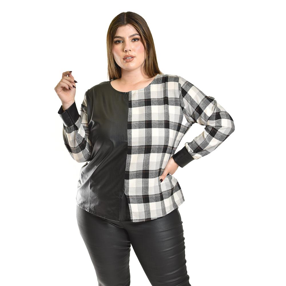 Blusa Combinada Cuadros Roman Fashion /tallas Extras, 334 (negro Cuadros) Negro