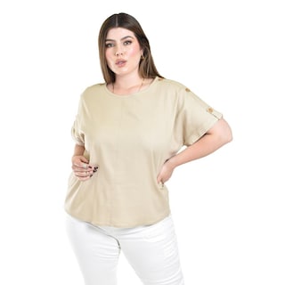Foto 4 | Blusa De Lino Con Botones Roman Fashion / Tallas Extras, 0320 (beige) Beige