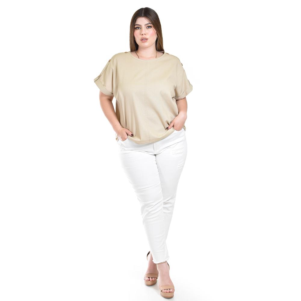 Foto 5 | Blusa De Lino Con Botones Roman Fashion / Tallas Extras, 0320 (beige) Beige