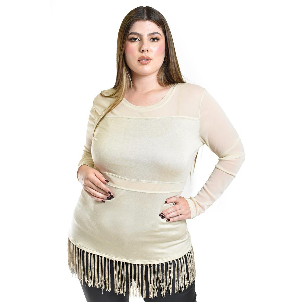 Blusa Con Flecos Y Manga Transparente Roman Fashion /tallas Extras, 163 (beige) Beige