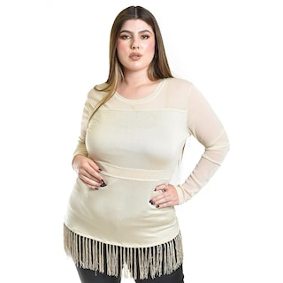 Foto 1 | Blusa Con Flecos Y Manga Transparente Roman Fashion /tallas Extras, 163 (beige) Beige