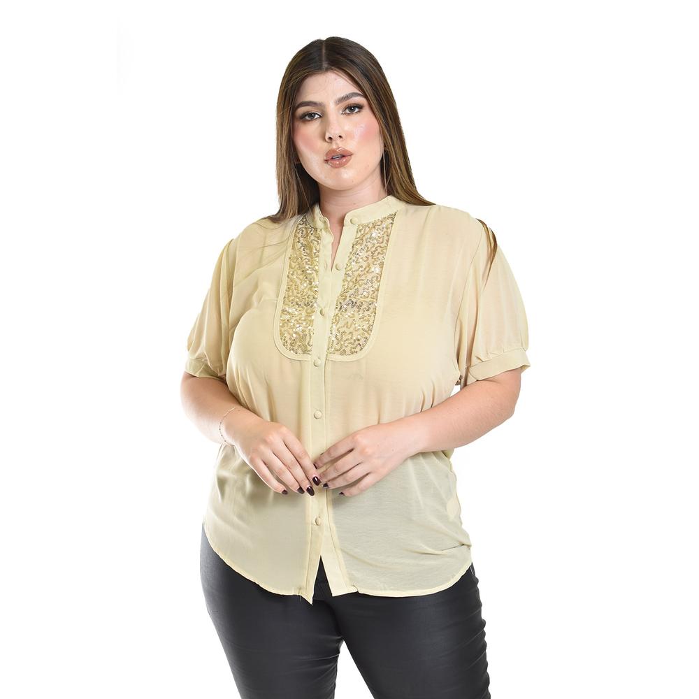 Blusa Transparente Con Lentejuela Roman Fashion /tallas Extras, 8033 (dorado) Beige